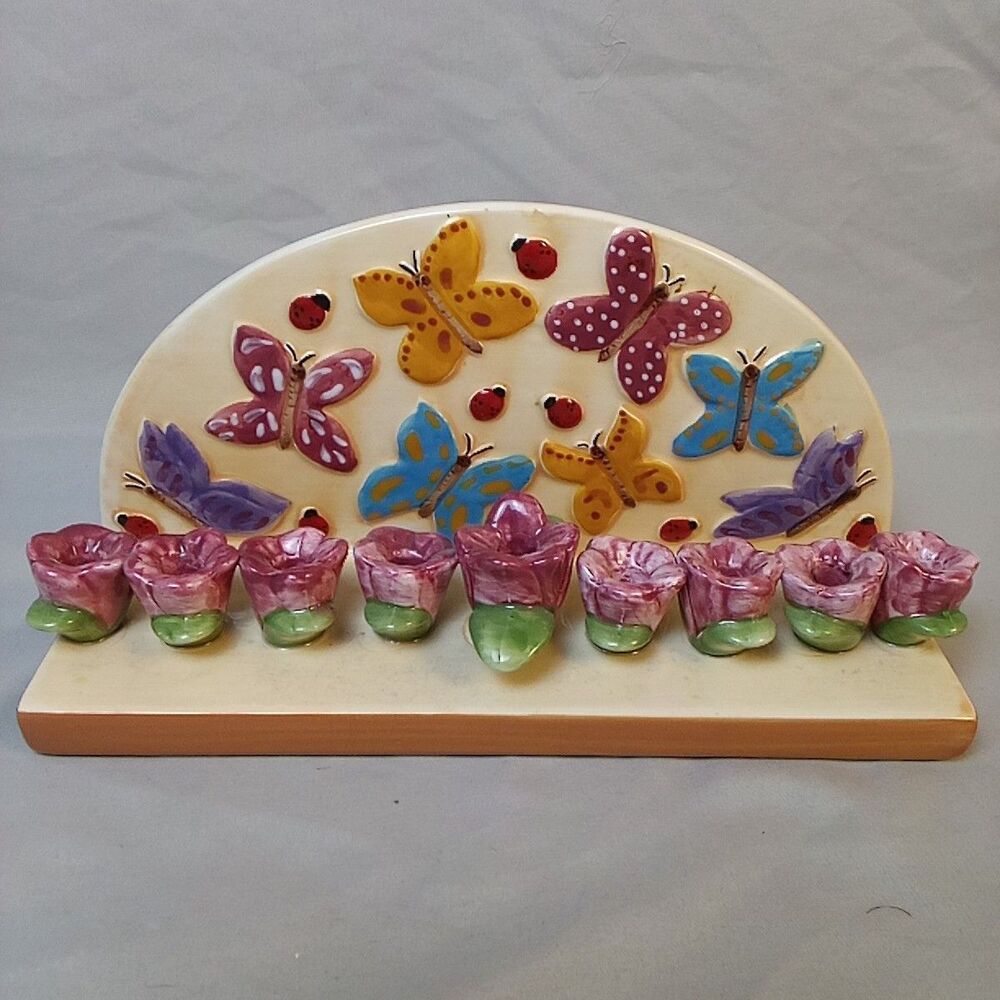 Ceramic Hanukkah Menorah Butterflies Flowers Decorative Judaica Holiday Art